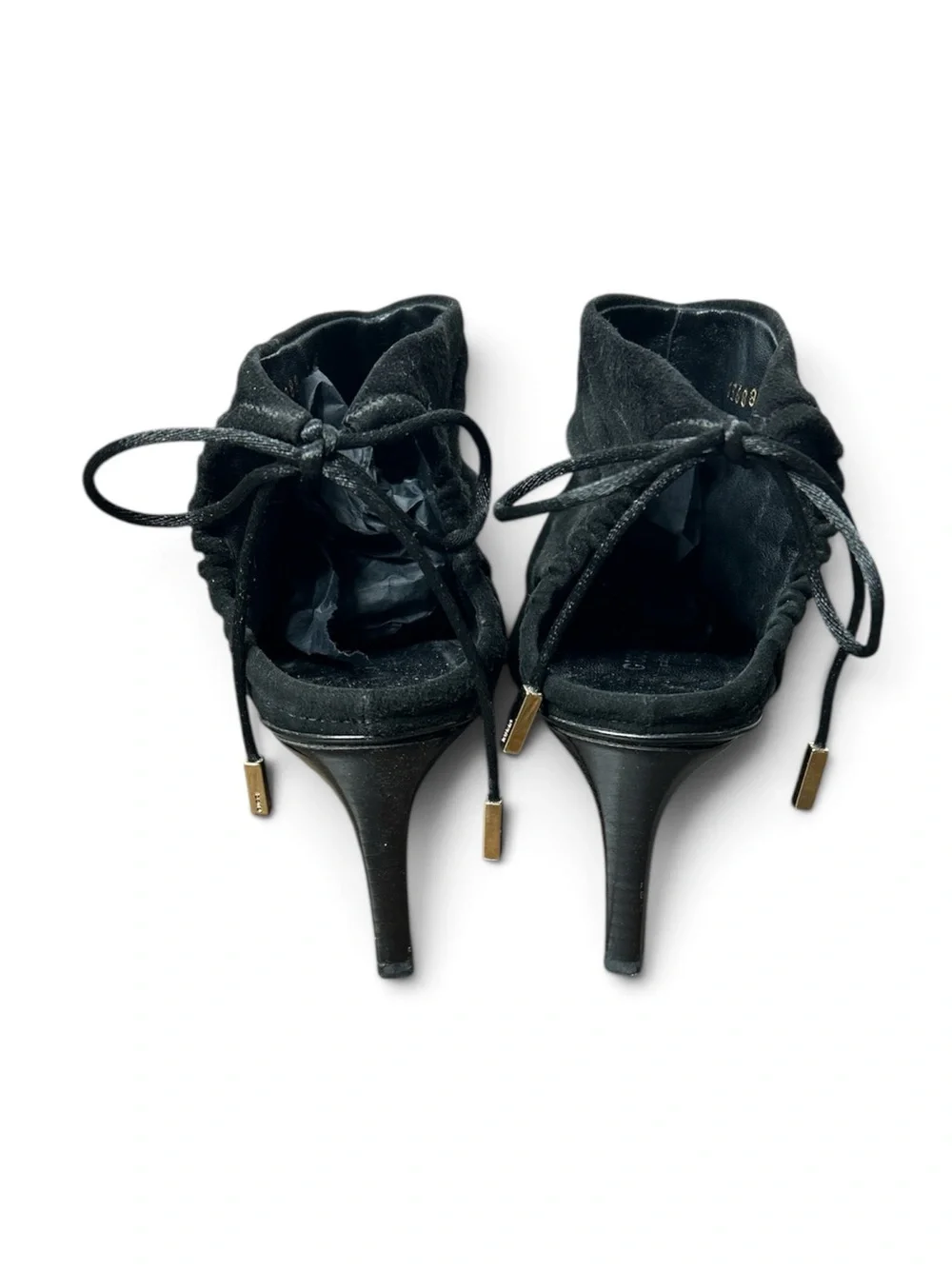 Gucci Tom Ford 2004 Runway Black Suede Ruched Ankle Booties Tie Back Size 7